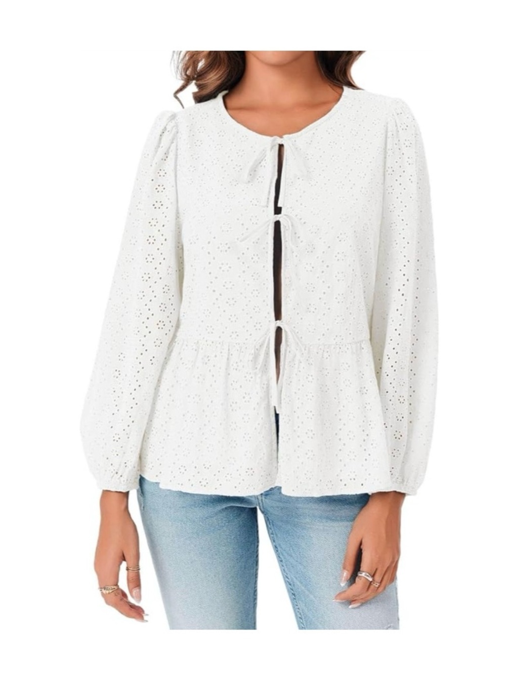 Eyelet Tie-Front White Peplum Top Size Medium